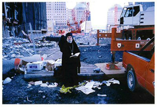 Maximus Gregorios blessing the remains of those who died on 9/11 and offering prayers of thanksgiving to God for the assistance of Firemen and Rescue workers on the exact site of the destroyed Saint Nicholas' Church.